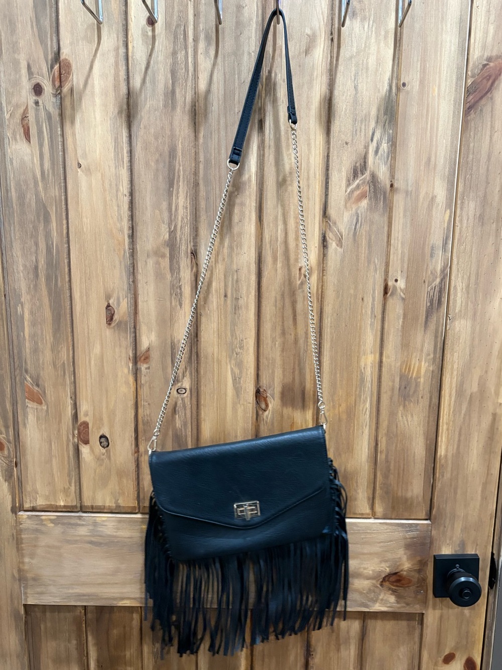 Black Fringe Crossbody Bag with Chain Strap